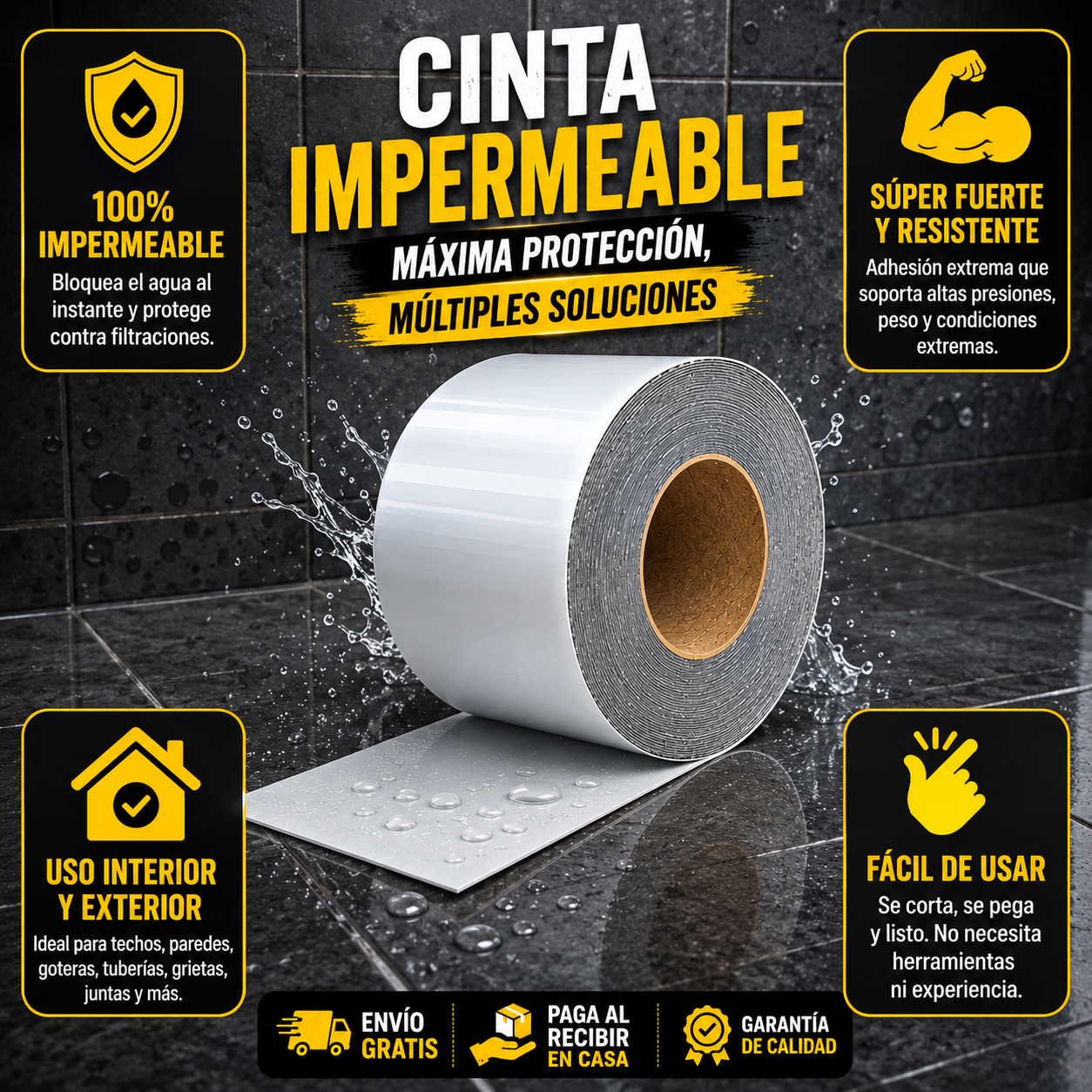 AquaBlock Max™ - Cinta Selladora Impermeabilizante, Multiusos, Antifugas y Resistente a Condiciones Extremas