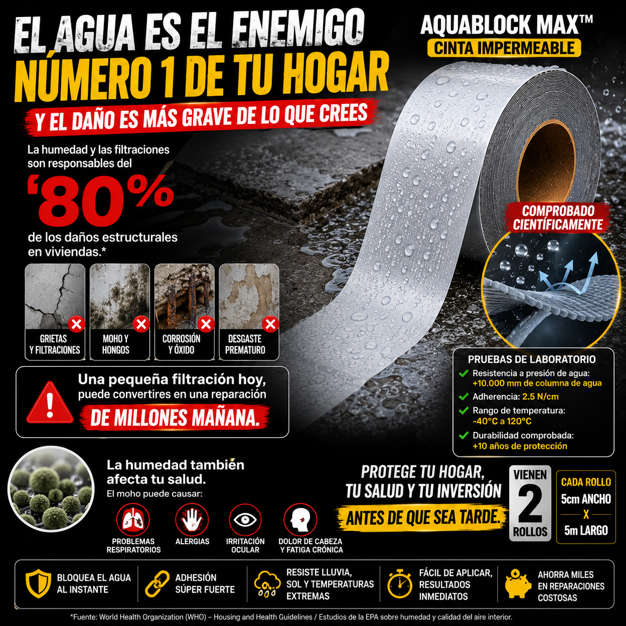 AquaBlock Max™ - Cinta Selladora Impermeabilizante, Multiusos, Antifugas y Resistente a Condiciones Extremas