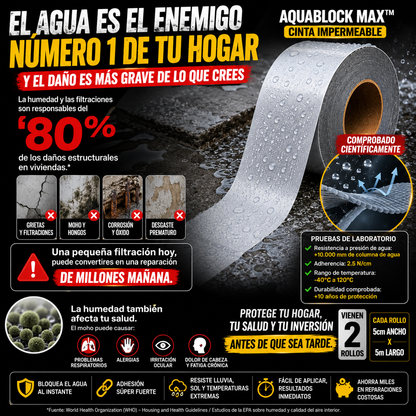 AquaBlock Max™ - Cinta Selladora Impermeabilizante, Multiusos, Antifugas y Resistente a Condiciones Extremas
